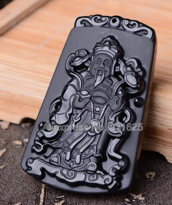 Beautiful Chinese Handwork Natural Black Obsidian Carved God of Wealth Lucky Amulet Pendant + Beads Necklace Fashion Jewelry | Украшения и