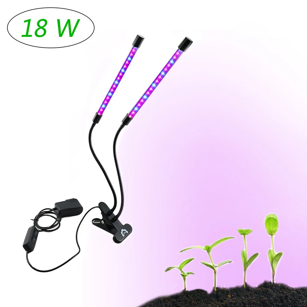 

18W Dual Head LED Growth Light 36 LED Chips with 3 Spectrums for Indoor Plants with 24H Mechanical Outlet Timer and Flexible Arm