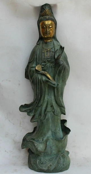 

bi002914 24" Chinese Buddhism Bronze Gilt Stand Kwan-yin Guan Yin Goddess Ru Yi Statue