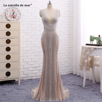 

Vestido de festa 2019 new V neck lace beaded champagne sexy mermaid evening dresses long luxury prom gown advanced custom