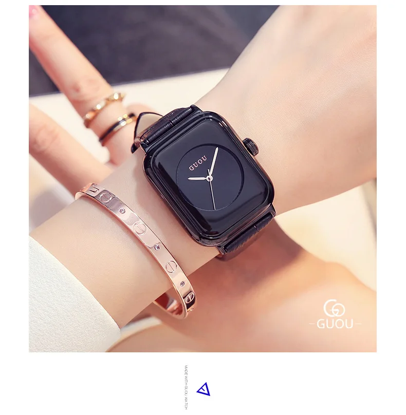 Модные GUOU брендовые простые прямоугольные Hardlex кожаные кварцевые наручные часы браслет для женские часы