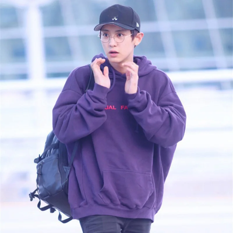 

New Kpop EXO Chanyeol Cap Hoodie Sweatershirt Airport Fashion VIXX Ravi Purple Pullover Cotton Sweatershirt Outerwears