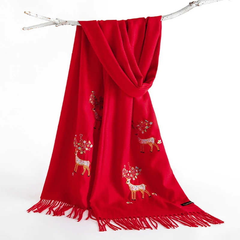 

2019 Autumn Winter New Women Embroider Deer Scarf Wrap Ladys Thicke Retro Solid Edging Scarf Shawl Warm And Soft Christmas Gift