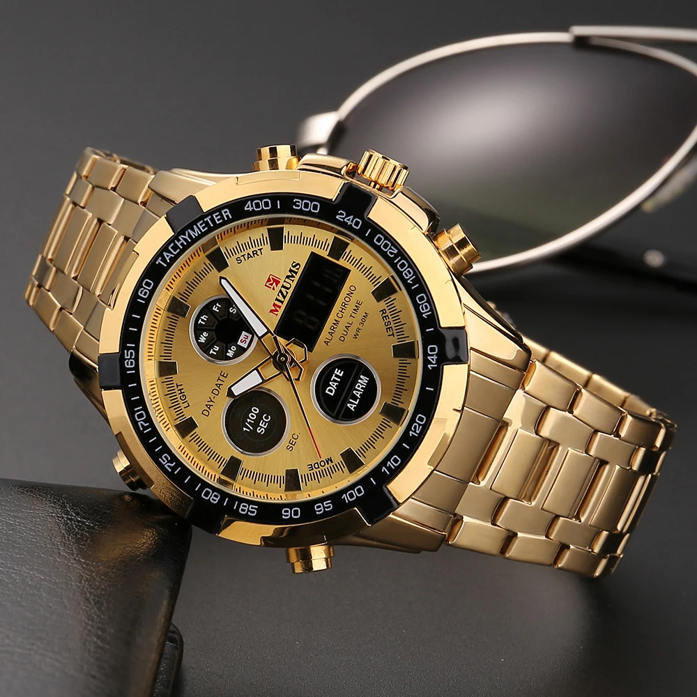 Модные часы для мужчин Mizums золотые полностью стальные цифровые часы для мужчин спортивные кварцевые часы Dual Time Relogio Masculino Esportivo