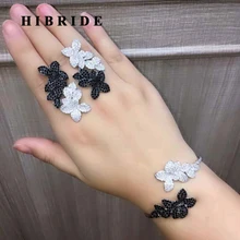 Hibrid роскошный черный и прозрачный кубический циркон Открытый браслет цветочный дизайн браслет и браслеты Серьги Brincos Bijoux Femme N-641