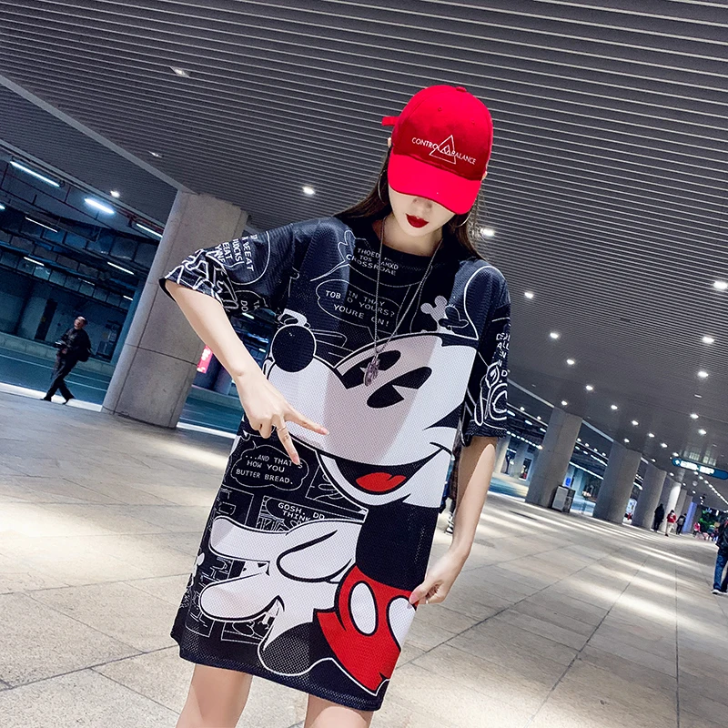 

New Black t shirt women Summer Loose Long tshirt Cartoon Mickey Print T shirt Short Sleeve t shirts Mesh top Oversize Tee Dress