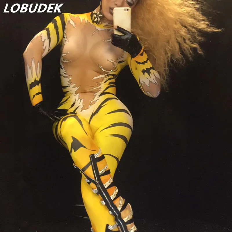 

Female Nightclub Pole dance DJ performance costume yellow leotard Elastic jumpsuit Tiger printing slim bodysuit stage show wears