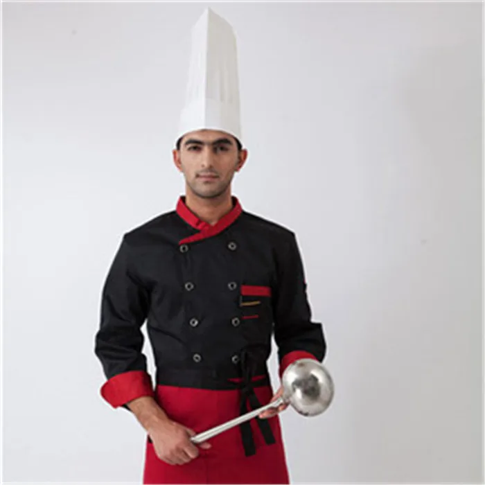 Высокое качество с длинными рукавами для мужчин шеф-повара обслуживание отеля рабочая одежда ресторан двубортная женская униформа для шеф-повара КУРТКА - Цвет: Черный