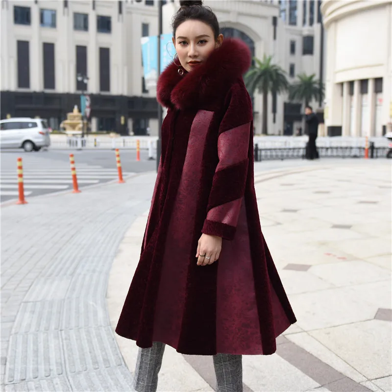 À Longue 2018 Tonte Col Wine De Capuchon black Véritable Épais Section Veste Lâche Le507 Renard Manteau Des D'hiver Une Moutons Red Chaud Femmes Nouveau Fourrure rxwq78r4