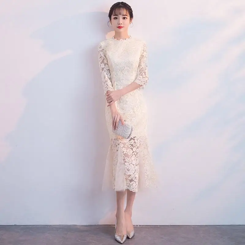 Сексуальное Вечерние Платье длинное Cheongsam женское кружевное тонкое платье свадебное платье роскошное свадебное Qipao модная одежда Vestido - Цвет: Шампанское