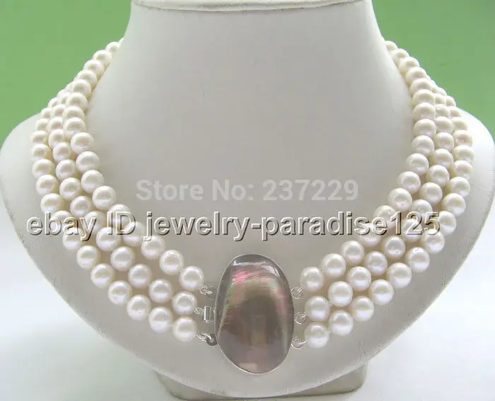 

Wholesale price ^^^AAA 3row17-19" 9mm natural white round freshwater pearl necklace - blister shell