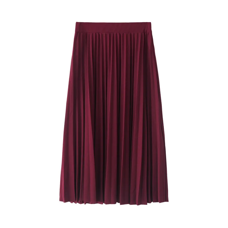 

Spring Summer Draped Pleated Midi Skirts Elastic Waist Candy Solid Mid Calf A-line Skirts Blue Burgundy