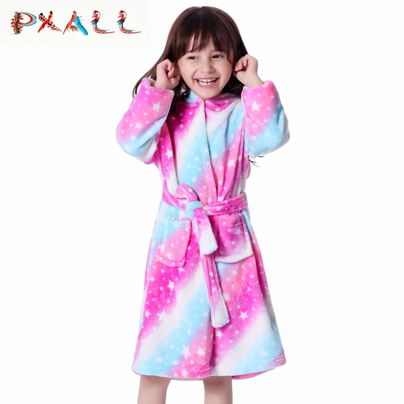 Детский банный халат с рисунком единорога для маленьких девочек; фланелевый мягкий халат; Пижама; модная детская одежда с капюшоном кораллового цвета