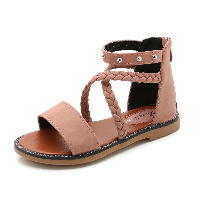 

COZULMA Girls Rivet Zip Summer Beach Sandals Shoes Kids Weave Strap Roman Sandals Children Shoes Size 27-37