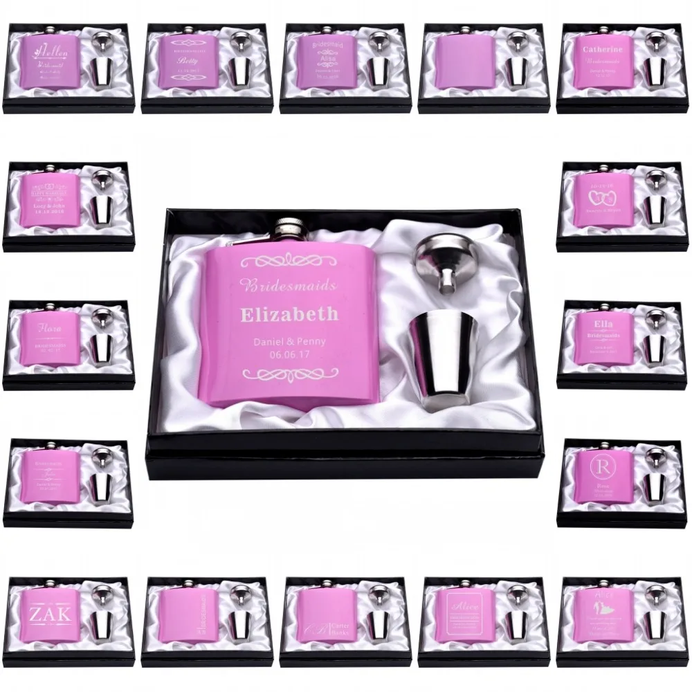 

Personalized Engraved 6oz Hip Flask Set Stainless Steel Funnel Gift Box +2 Cups Bride Groom Best Man Usher Wedding Decor Favor