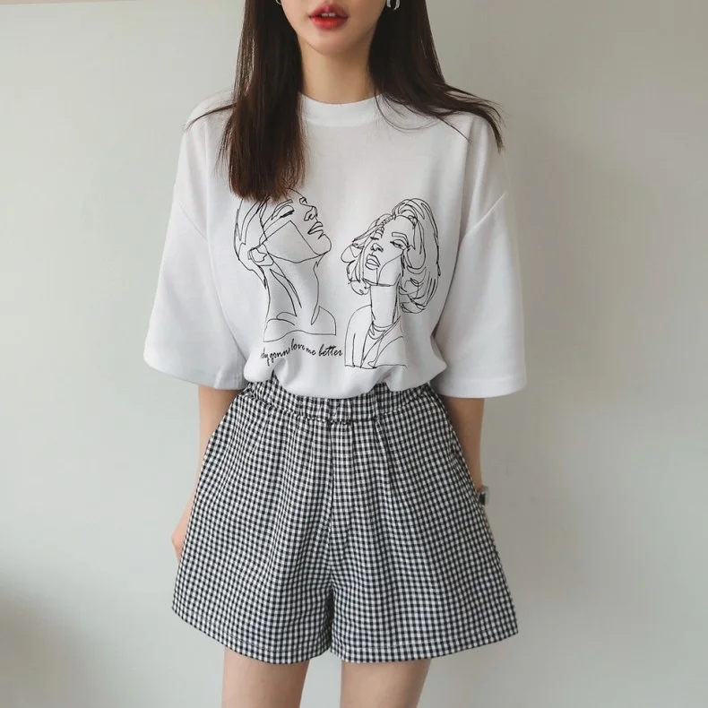 Preise Kuakuayu HJN Frauen Koreanische Mode Kunst Zeichnung T Shirt Nette Ulzzang Übergroßen Weiß T Straße Stil Shirt
