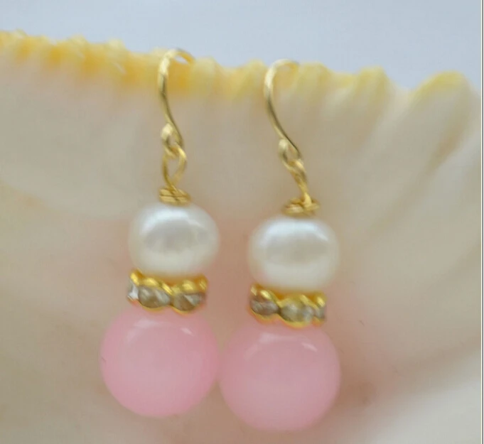 

Free shipping@@@@@ P4653 12mm pink jade 8mm white round PEARL DANGLE EARRING 6.10