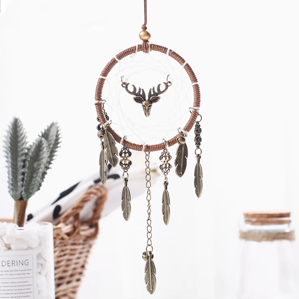 Us 2 25 27 Off 1pc Mini Elk Head Reindeer Bell Feather Dream Catcher Car Interior Home Handmade Dreamcatcher Hanging Decoration Car Ornament In