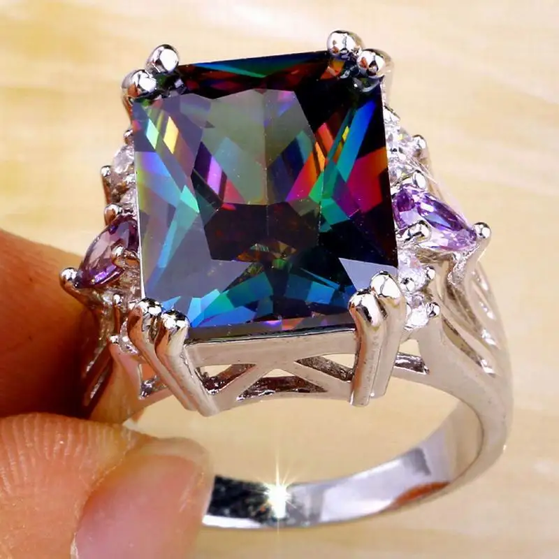 Merthus Rings Women Rectangle Rainbow Lab Created Gemstone Fashion