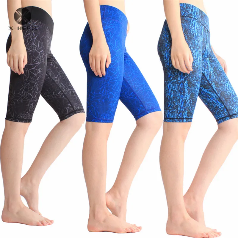 

X-HERR Knee Length Sports Fitness Printed Elastic Quick Dry Yoga Shorts Many Colors XL Exercise Tight Sportswear Women Shorts