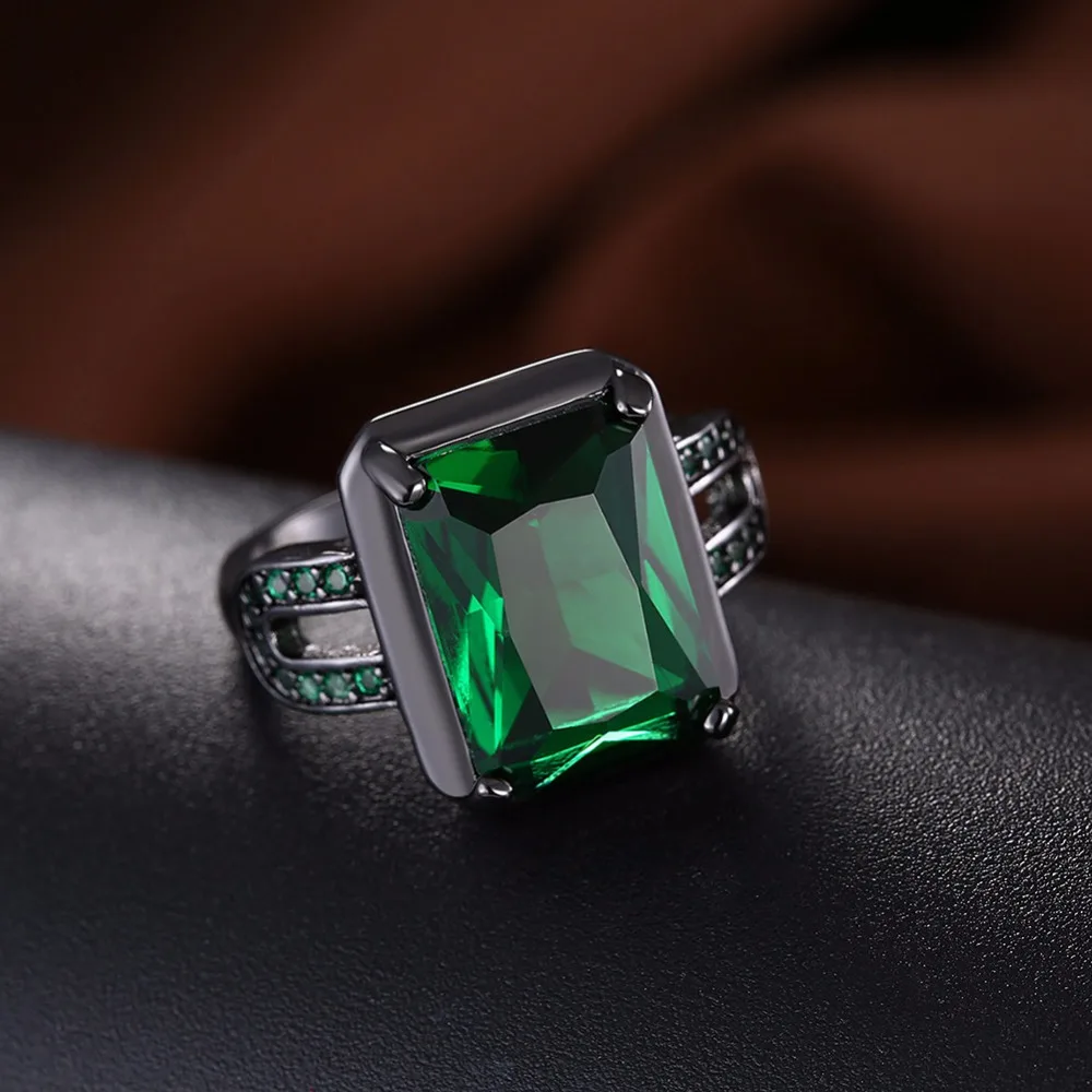Hyperbole Square Green Cubic Zirconia Party Ring Accessorise Black Gun Color Rings For Womens Fashion Jewelry(JewelOra RI103313)