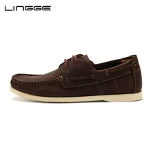 LINGGE Классический 2-eyelet Лодка Обуви Полное Зерно Мужская Кожаная Обувь Квартиры мужские Лодка Обуви Бренда Повседневная Обувь #3832-6