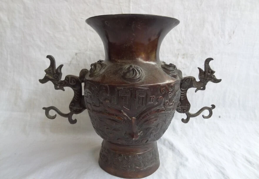 

USPS to USA S1532 12" Chinese Bronze Buddhism Old FengShui Dragon Head Lion Statue Vase Pot Jar B0401