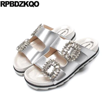 

Sandals Slipper Jewel Diamond Rhinestone Slides Famous Brand Flat Crystal Burgundy Satin Designer Shoes Women Luxury 2017 Silver