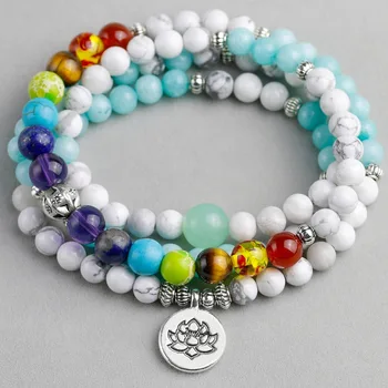 

Men Women 7 Chakra Yoga Bracelet White Howlite Healing Reiki Prayer Mala Balance Buddha Beads Bracelet Bangles Tree Jewelry