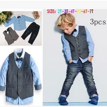 Оптом, детский костюм из 3 предметов для маленьких мальчиков Одежда для джентльменов Праздничная рубашка джинсовый жилет