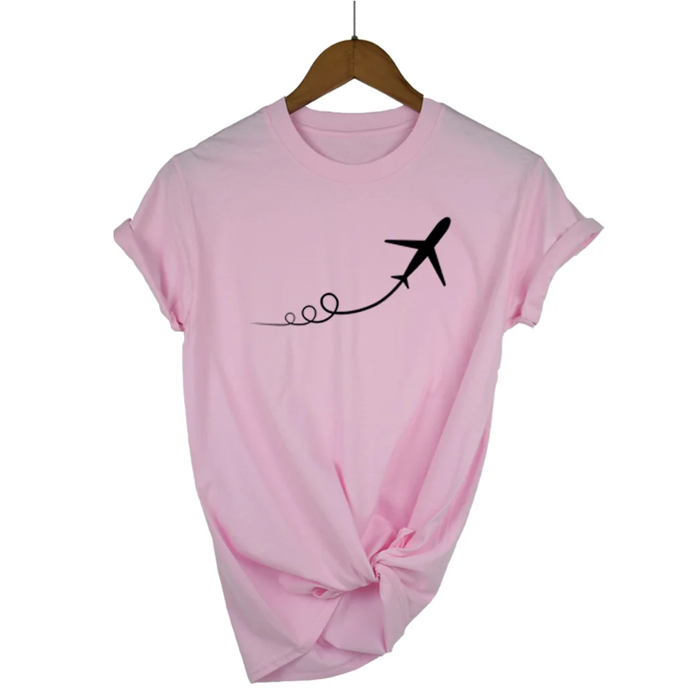 Новинка, женская футболка с принтом самолета, хлопковая Повседневная забавная футболка для девушек, топ, хипстер, Tumblr, Прямая поставка - Цвет: Pink-B