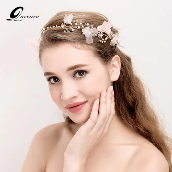 

Hair Jewelry Pearl Wedding Hair Accessories Tiara Pink Flower Headdress Leaves Bridal Tiara Bride Handmade Women crabs hair
