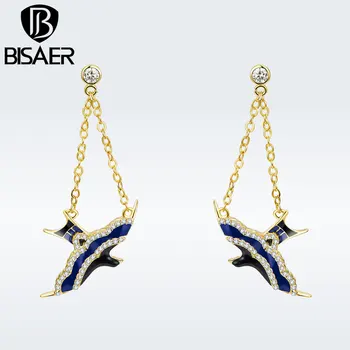 

BISAER Designer Black Enamel Flying Swallow Gold Color Drop Earrings for Women Holiday Fashion Jewelry Brincos Gift Box GSE158