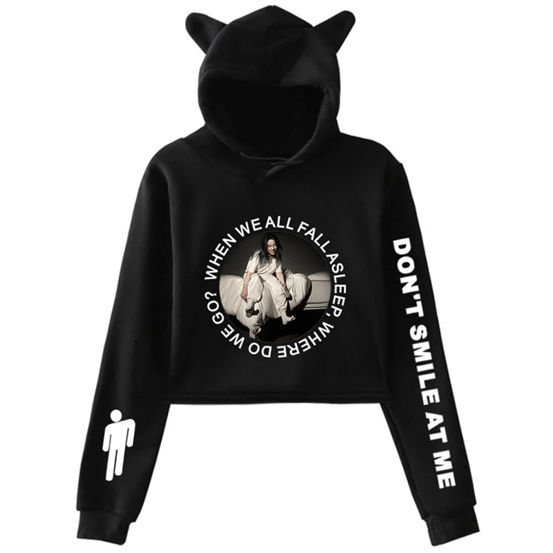 

Billie Eilish Long Sleeve Hooded Sweater New Arrival Solid Color Hooded Sweater Women Autumn Spring Cute Cat Ears Slim Short