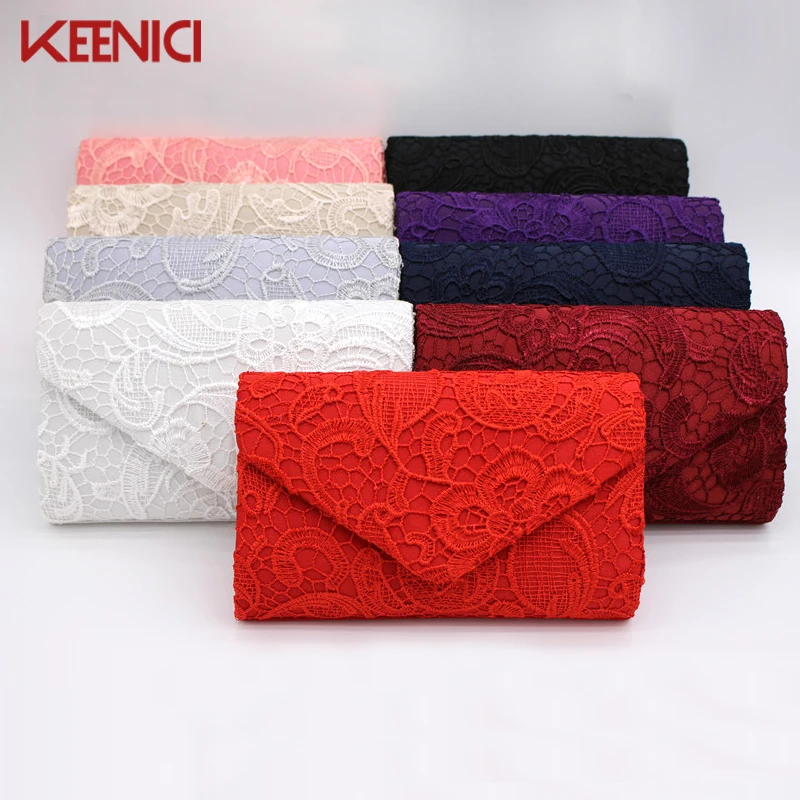 KEENICI Hollow Lace Clutch Bag New Lace Satin Evening Bags High-grade Silk Party Bag Exquisite Day Clutches Crossbody Chain Gift