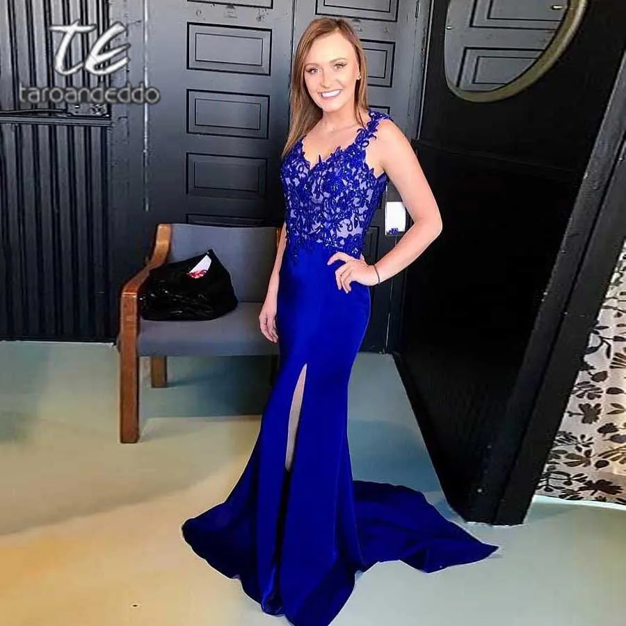

V Neck Long Prom Dresses Sleeveless Applique Backless Front Split Sweep Train Evening Formal Party Dress Vestido De Fiesta