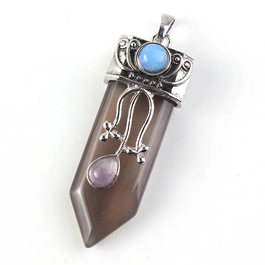 Natural Gnergy Gemstone~ Silver Plated Natural Purple Amethysts Crystal Rose Pink Quartz With Flower Sword Pendant Labradorite Jewelry 16 AA00201027107a