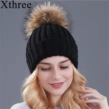 Xthree mink and fox fur ball font b cap b font pom poms font b winter