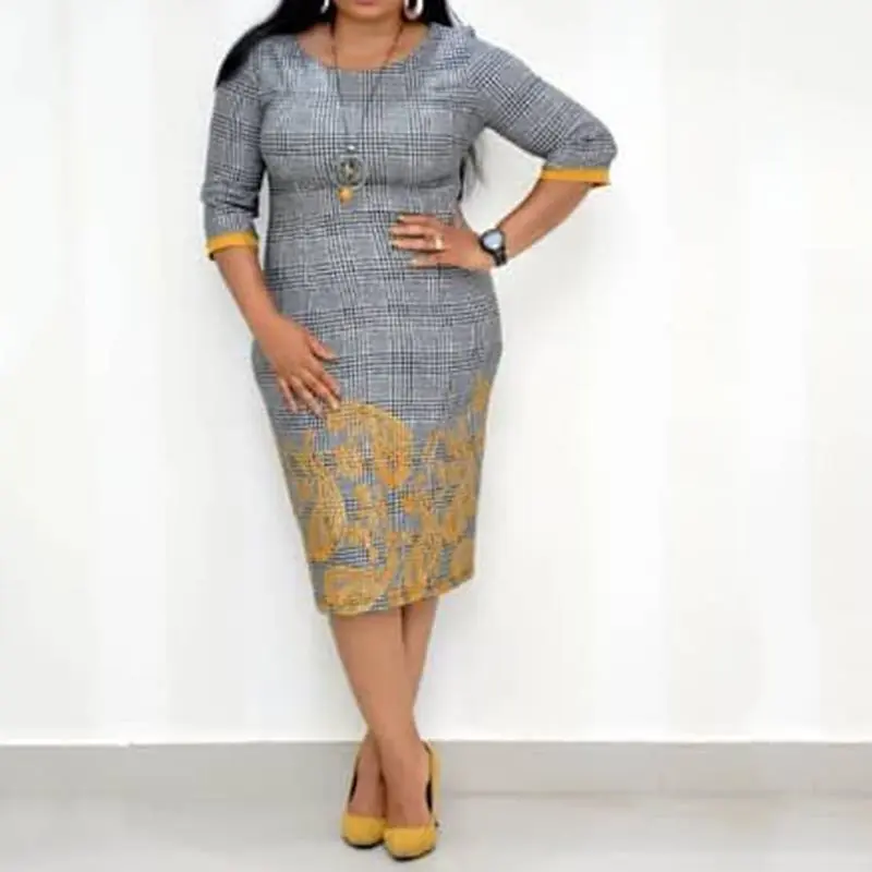 

Summer Vintage Plus Size Office Lady African Fashion Women Dresses 2019 Retro Gray Sexy Bodycon Plaid Ethnic Print Female Dress