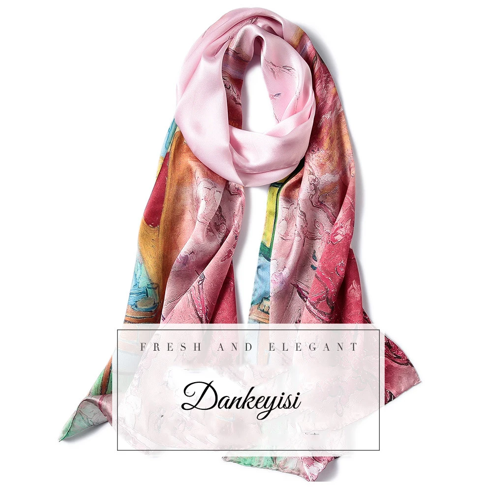 DANKEYISI, длинный шарф из чистого шелка, женский шарф, Шелковый платок, весна-осень, женские шелковые шарфы, с принтом, шелк тутового цвета, пляжные накидки