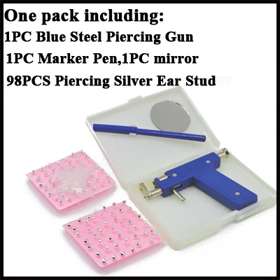 Professional No Pain Steel Safe Blue Pro Steel Ear Nose Body Piercing Gun Tool Kit 98 PCS Instrument Studs Set Jewelry Tool - Окраска металла: ear piercing gun