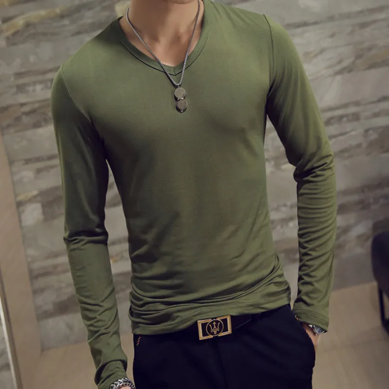 Мужские осенние футболки с длинными рукавами, пуловер с v-образным вырезом, приталенный Повседневный минималистичный Мужской Топ FDC99