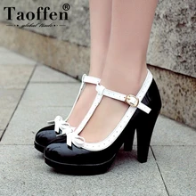 TAOFFEN/женские летние туфли на высоком каблуке размера плюс 32-48 женские туфли-лодочки с Т-образным ремешком и бантом женская повседневная обувь под платье для работы