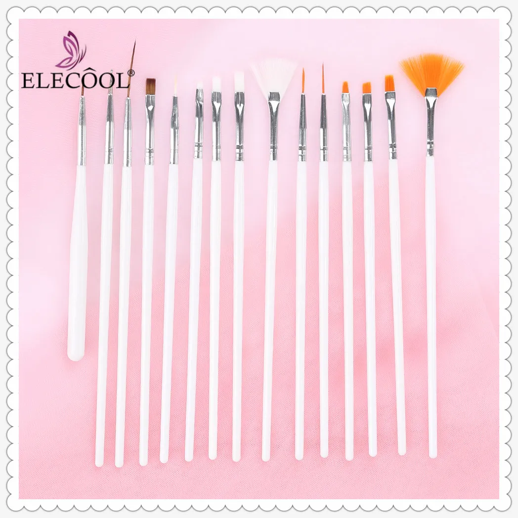 Elecool 15 шт. белые кисти для ногтей для гель-лака дизайн кисти набор рисования чертежный вкладыш ручка кисточки для маникюра инструмент