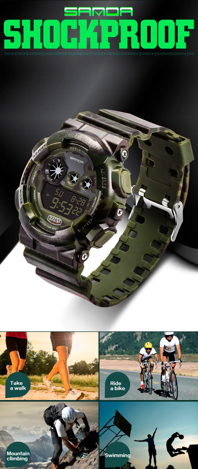 SANDA дизайнерские роскошные мужские спортивные часы, мужские цифровые часы, камуфляжные водонепроницаемые электронные мужские военные наручные часы для бега