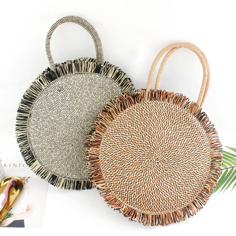 

Female Woven Rattan Bag Round Straw Shoulder Bag Large Beach HandBags Women Summer Hollow Handmade Messenger Bags Travel Big Zip