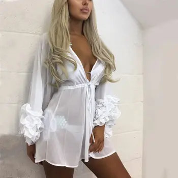 

Sexy Women Beach Cover Up Beach Woman Long Puff Sleeve Covers Up Maio Feminino Praia Mesh Beach Dress Tunic Robe