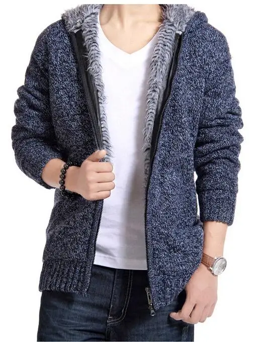 Лидер продаж Модные мужские свитера Бархат Теплый кардиган с капюшоном утепленный свитер - Цвет: Синий