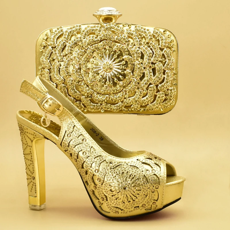 

2019 Gold African shoes and bag set Italian shoe with matching bag best selling ladies matching shoe and bag Italy shoe and bag