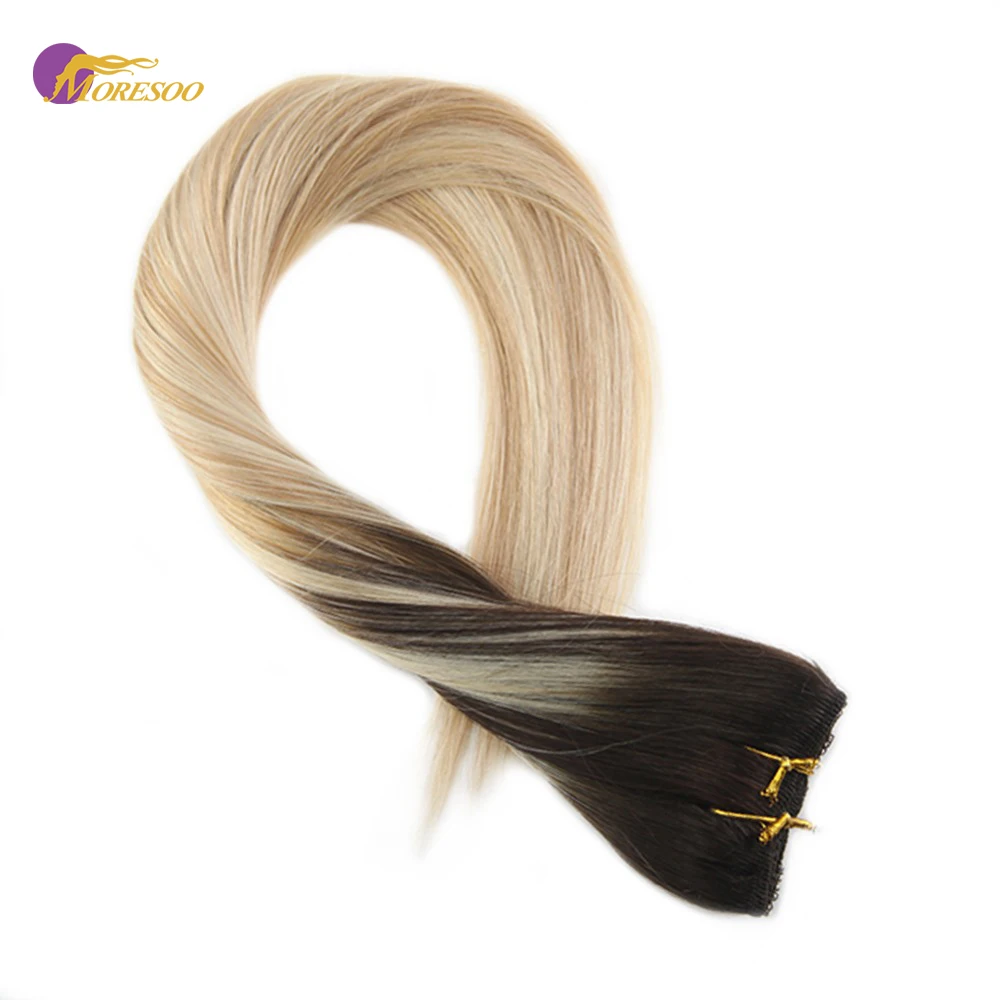 

Moresoo Clip In One Piece Remy Human Hair Extensions Double Weft Hair Balayage Ombre Color #2/27/60 3/4 Full Head 50-70Gram